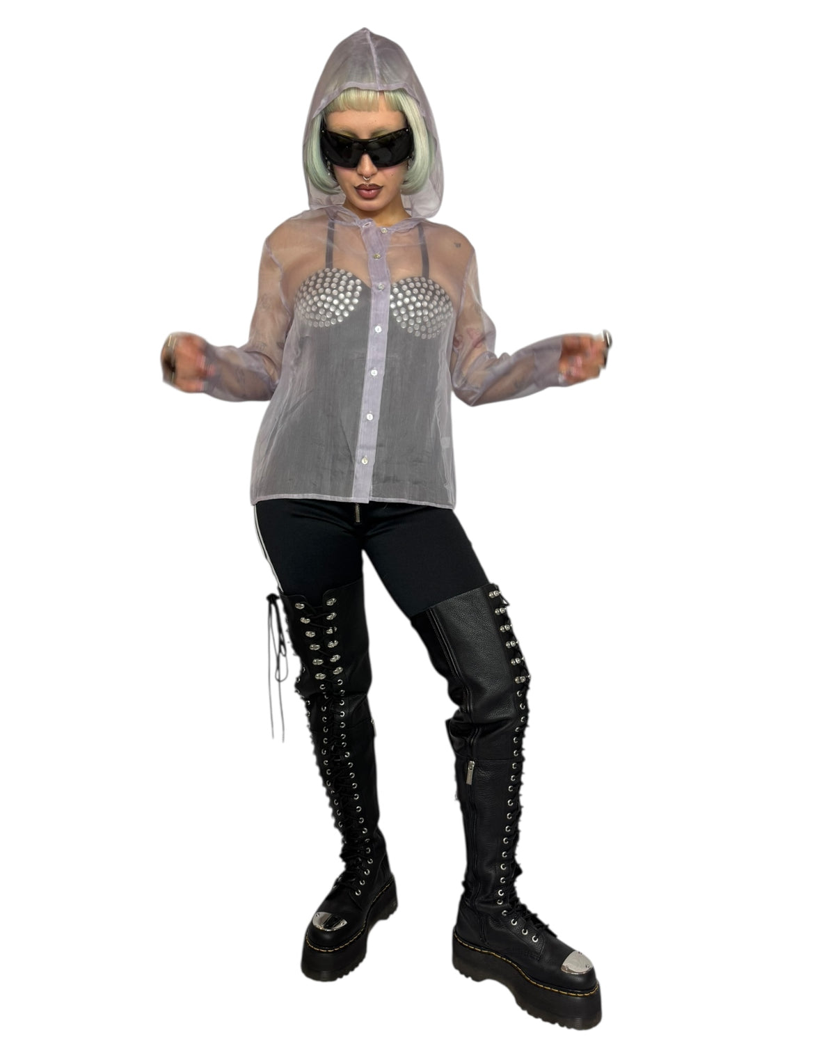 Sheer Hooded Button Down