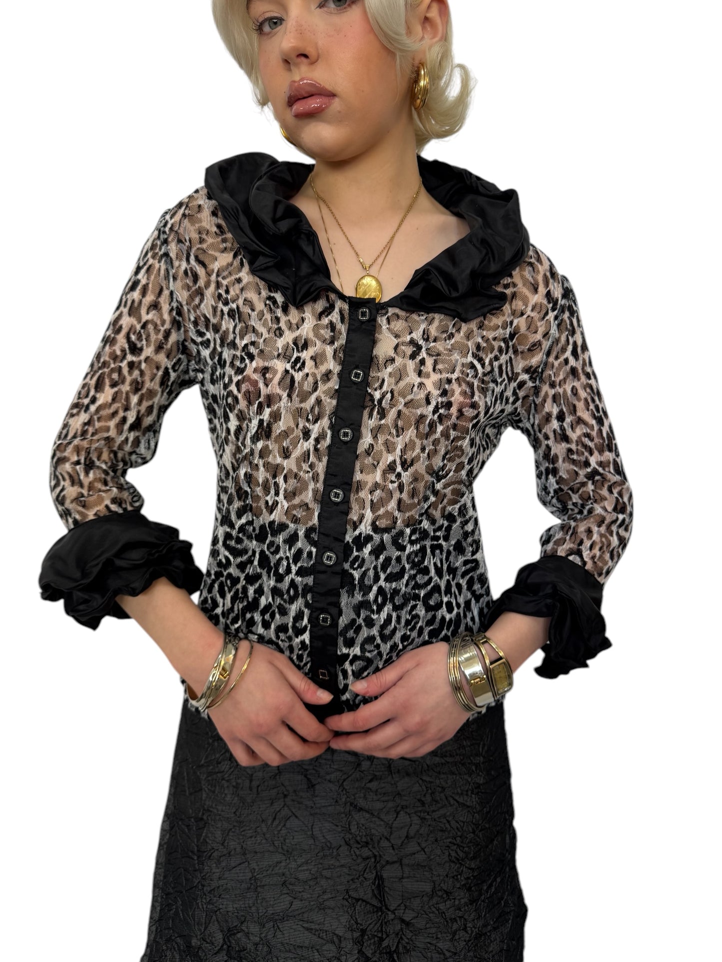 90's Leopard Printed Sheer Blouse