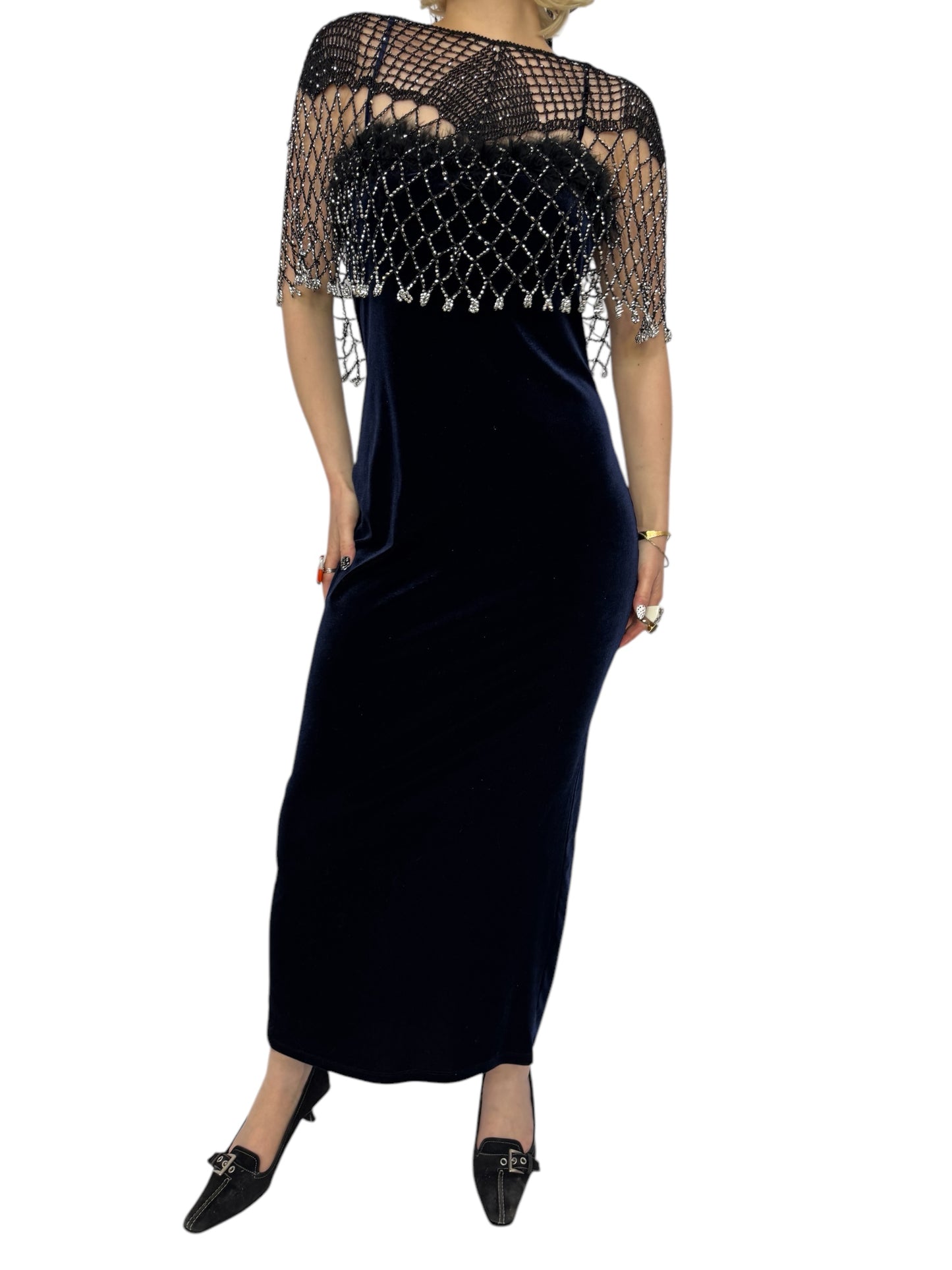 90's Feathered Velvet Maxi Dress