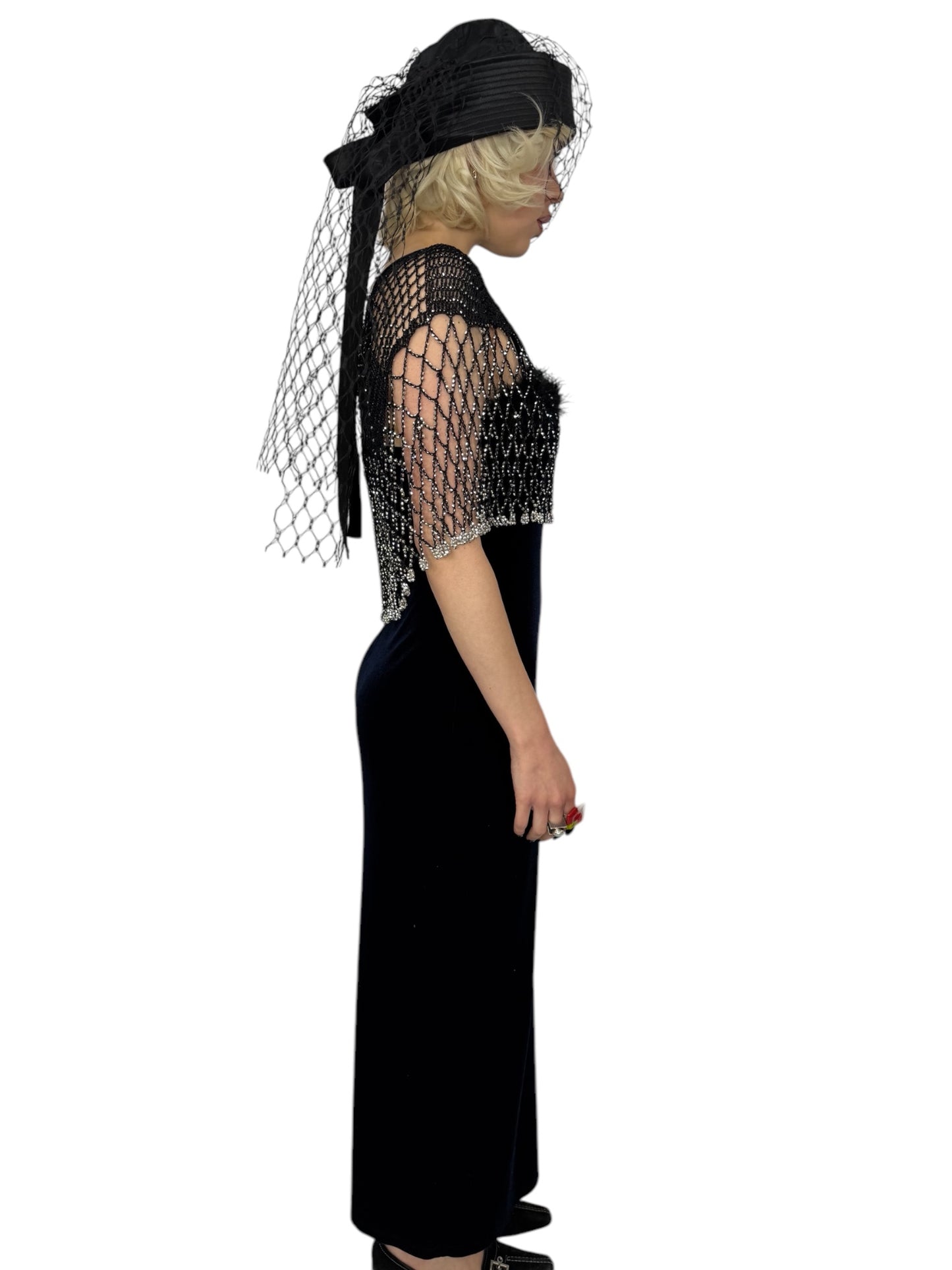 90's Feathered Velvet Maxi Dress