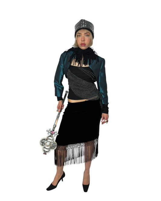 Fringe Velvet Midi Skirt