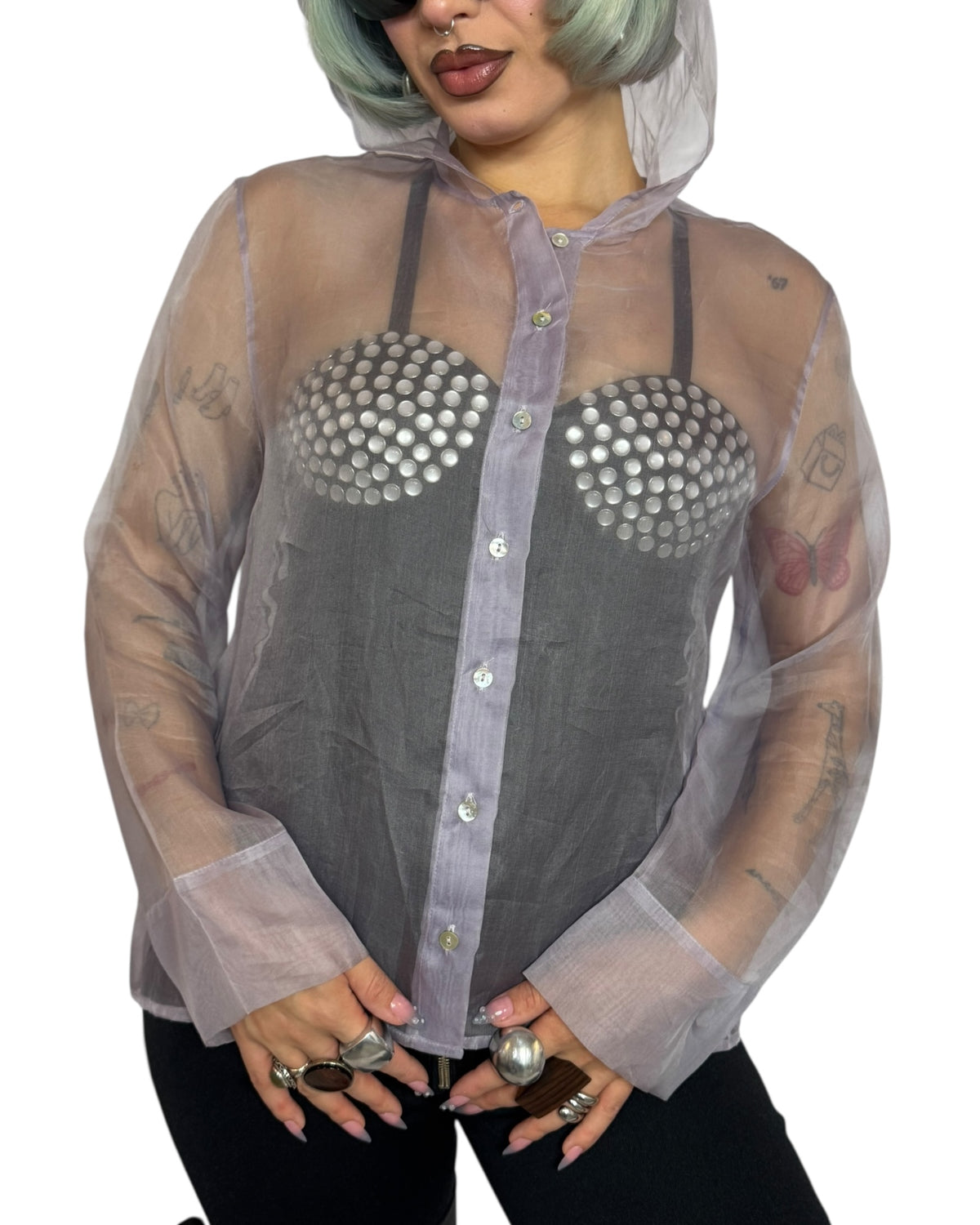 Sheer Hooded Button Down
