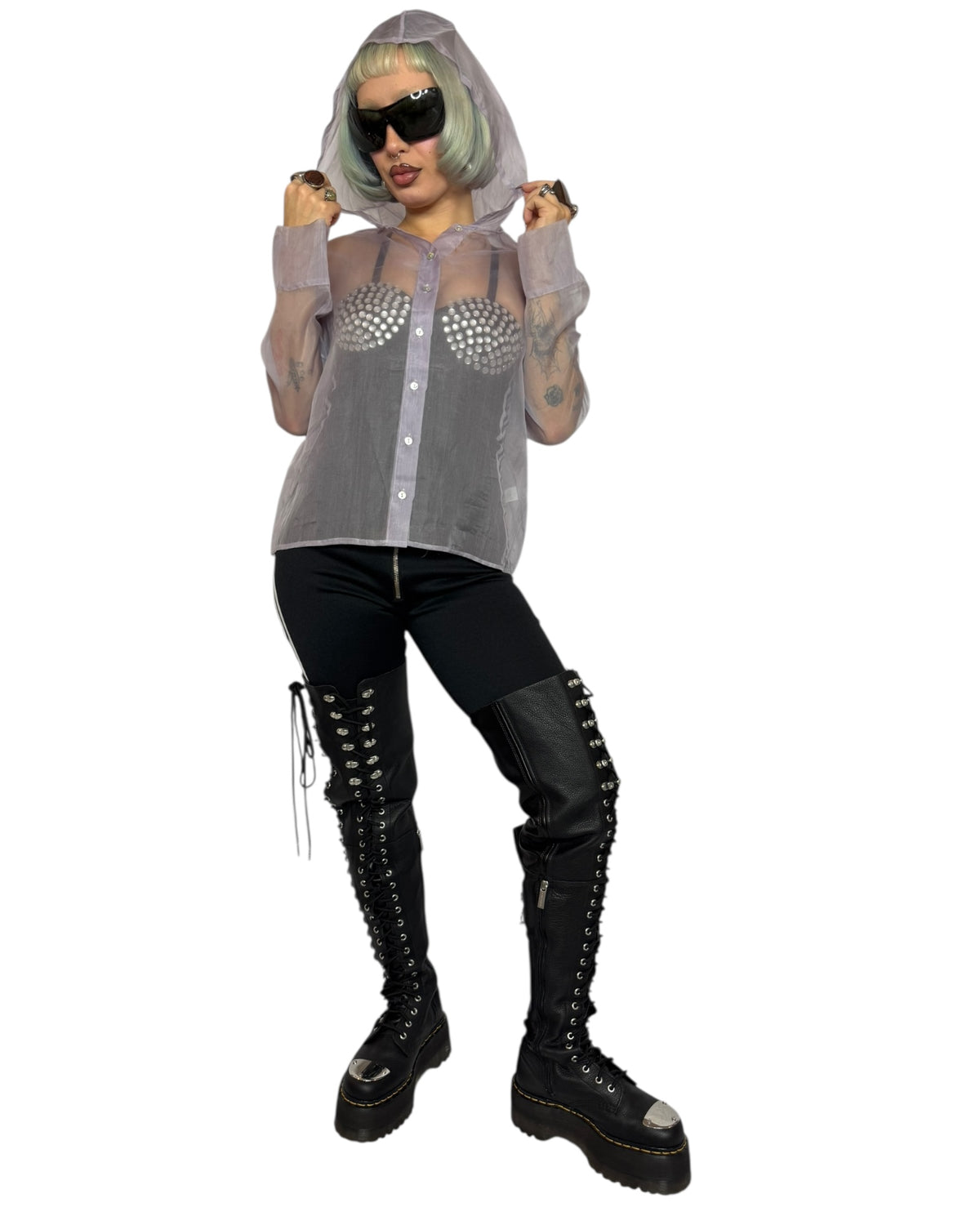 Sheer Hooded Button Down