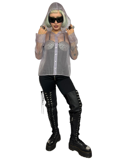 Sheer Hooded Button Down