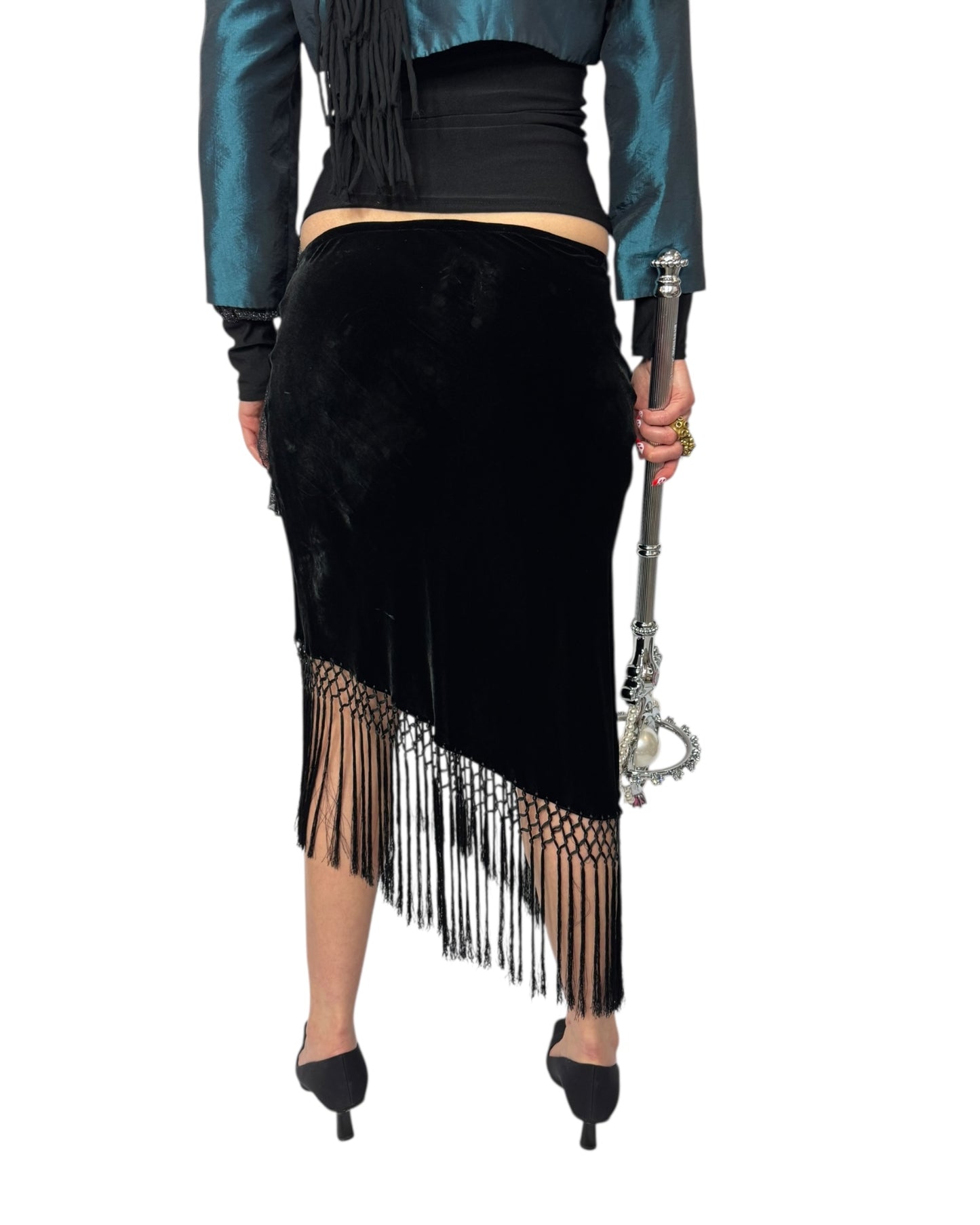Fringe Velvet Midi Skirt