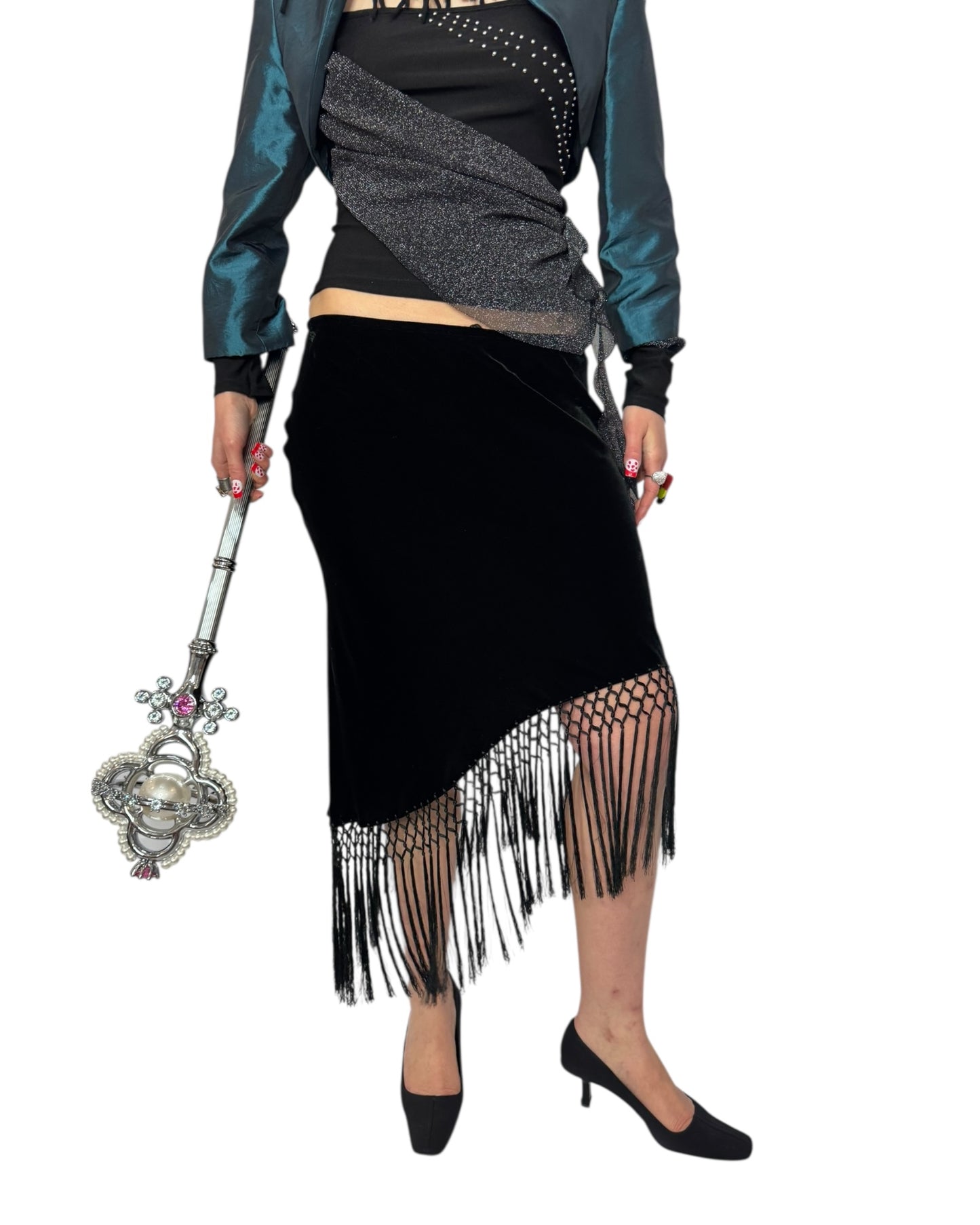 Fringe Velvet Midi Skirt