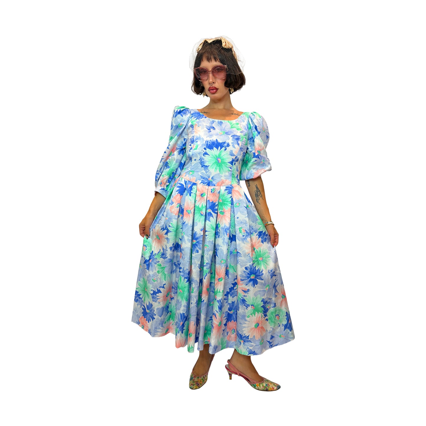 80s Puff Sleeve Floral Dress